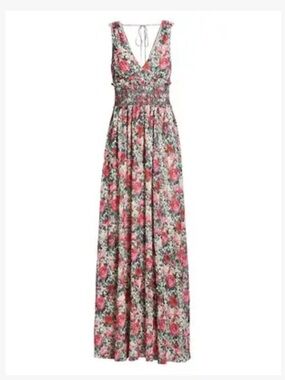 ML MONIQUE LHUILLIER  Smocked Floral Chiffon Maxi Dress In Vermilion Size 6